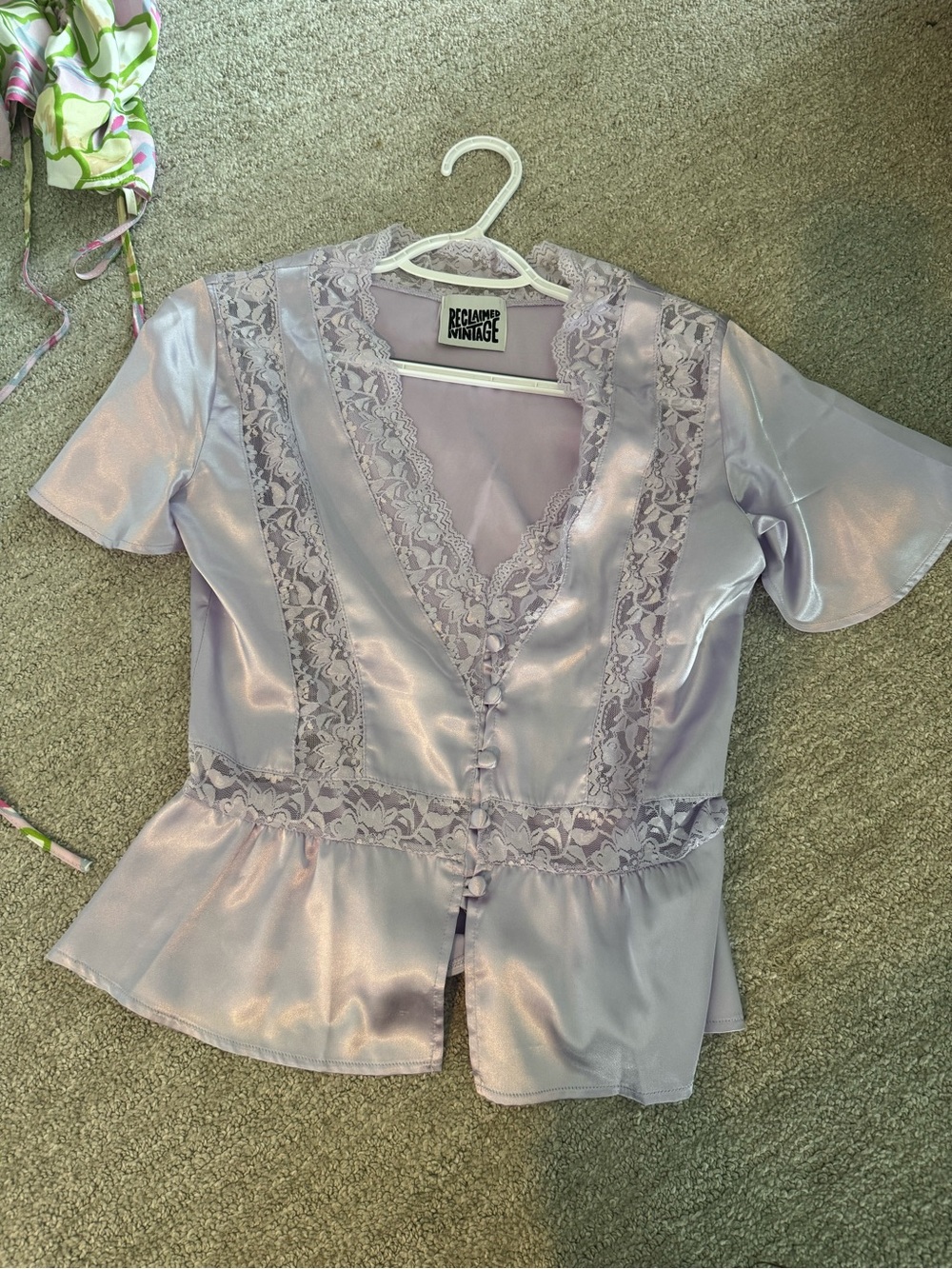 Reclaimed Vintage Lavender Satin Lace Peplum Top